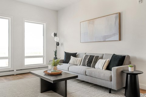 a living room with a gray couch and a coffee table